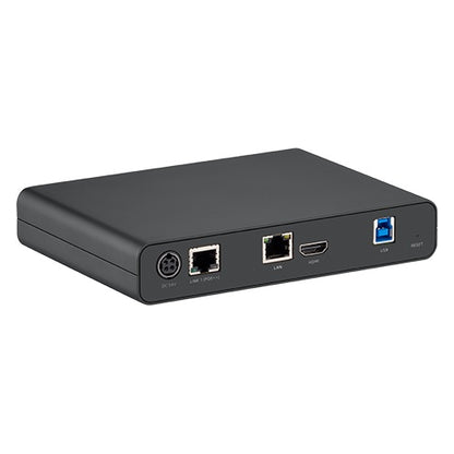 PATUSBUE1 extender angled rear view highlighting LAN, HDMI and USB 3.0 connector layout, AVer