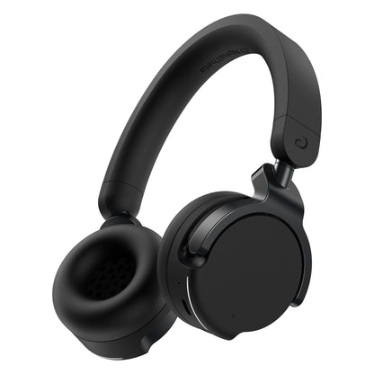 HDJ-F9 wireless on-ear DJ headphones angled view showing padded headband with AlphaTheta logo and swiveling earcups, AlphaTheta