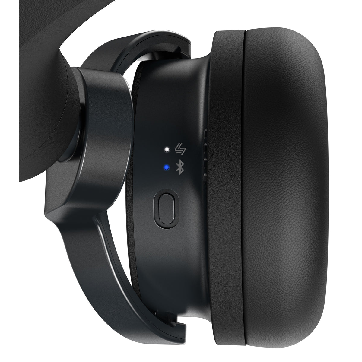 HDJ-F9 earcup detail with SonicLink and Bluetooth status LEDs above multifunction button, AlphaTheta