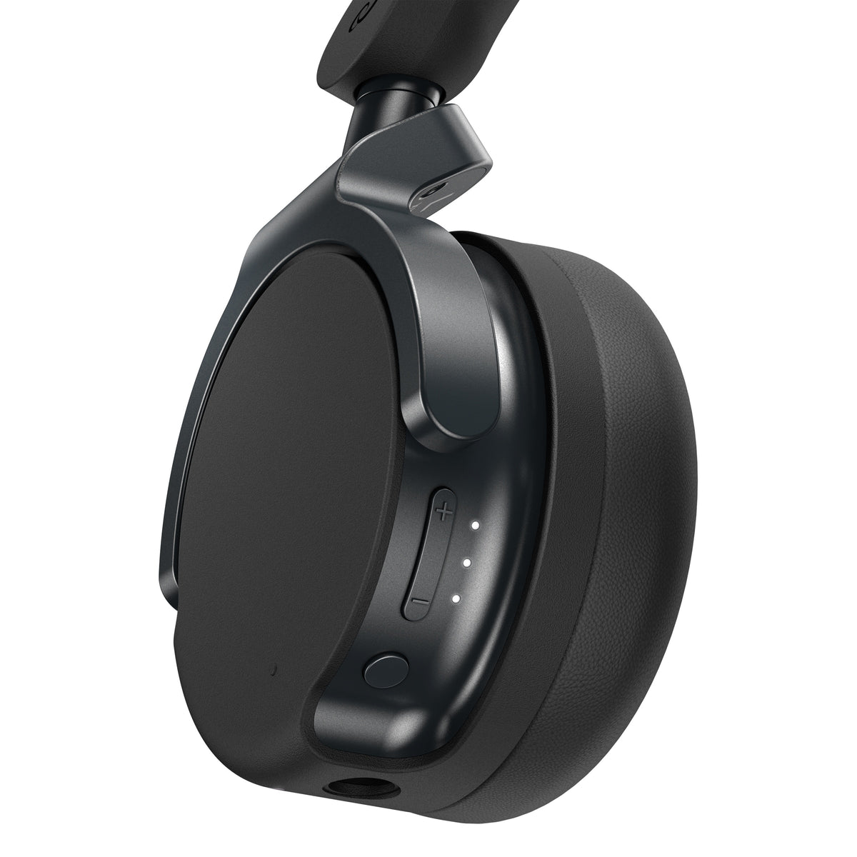 HDJ-F9 earcup controls close-up showing plus/minus volume rocker, battery level dots and power button, AlphaTheta