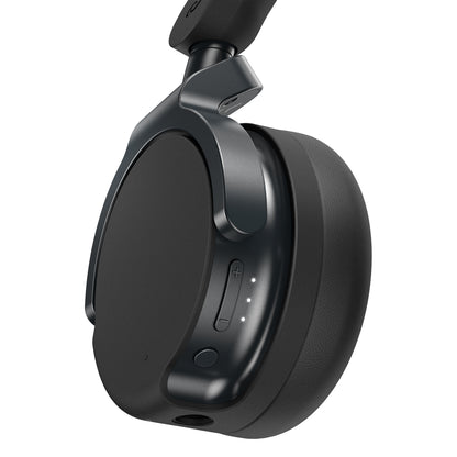 HDJ-F9 earcup controls close-up showing plus/minus volume rocker, battery level dots and power button, AlphaTheta