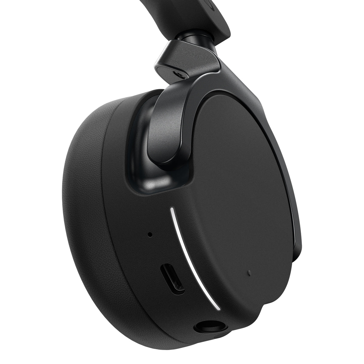 HDJ-F9 earcup underside detail with USB-C charging port and 3.5 mm wired input jack, AlphaTheta