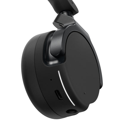 HDJ-F9 earcup underside detail with USB-C charging port and 3.5 mm wired input jack, AlphaTheta