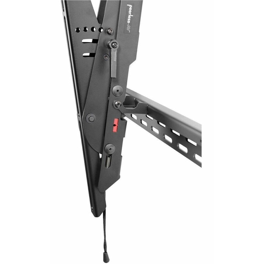 ST670P close-up detail of tilt mechanism with red security lock indicator, adapter bracket hooks and pull cord, Peerless-AV