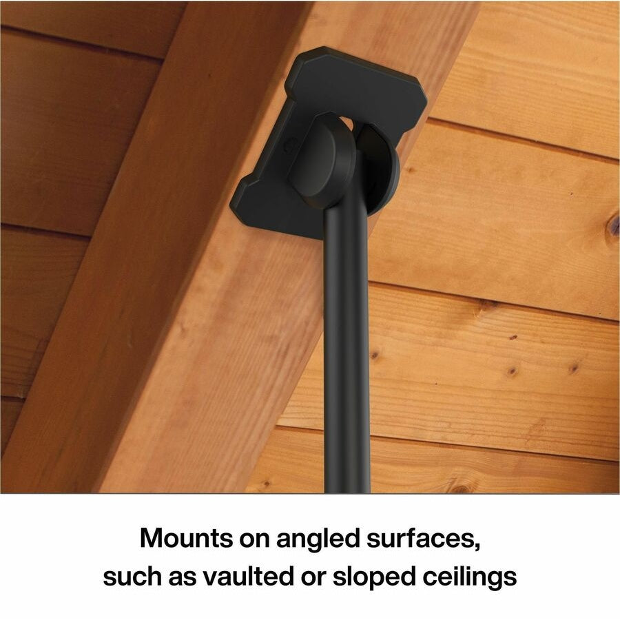 PCM150 ceiling plate angled against a sloped wood-beam ceiling showing vaulted-ceiling compatibility, Peerless-AV