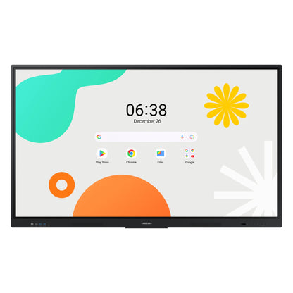 WA75F 75" interactive display front view showing Android home screen with Play Store, Chrome and Files app icons, Samsung