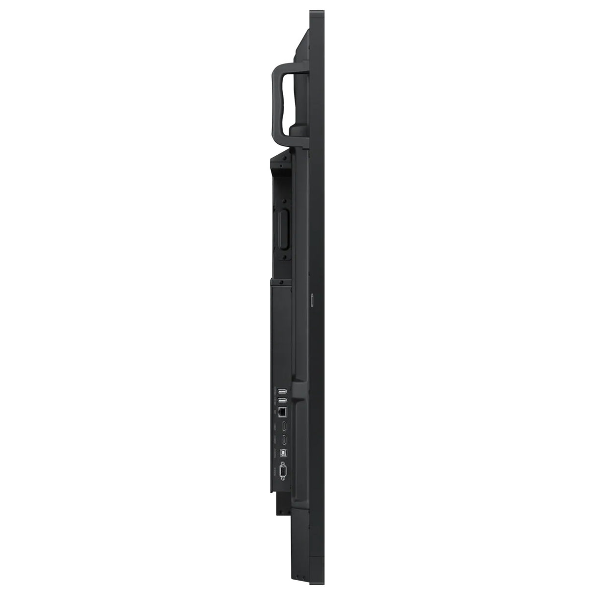 WA75F 75" interactive display right side profile showing side-facing USB, LAN and HDMI ports and OPS slot, Samsung