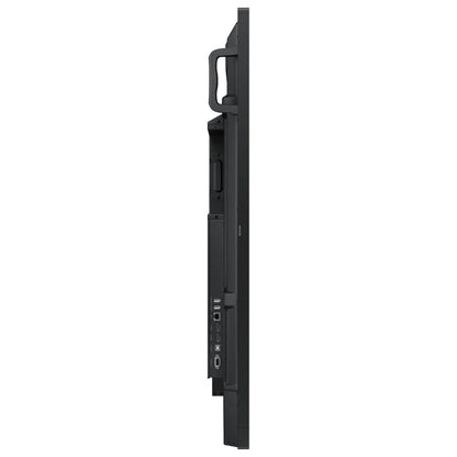 WA75F 75" interactive display right side profile showing side-facing USB, LAN and HDMI ports and OPS slot, Samsung