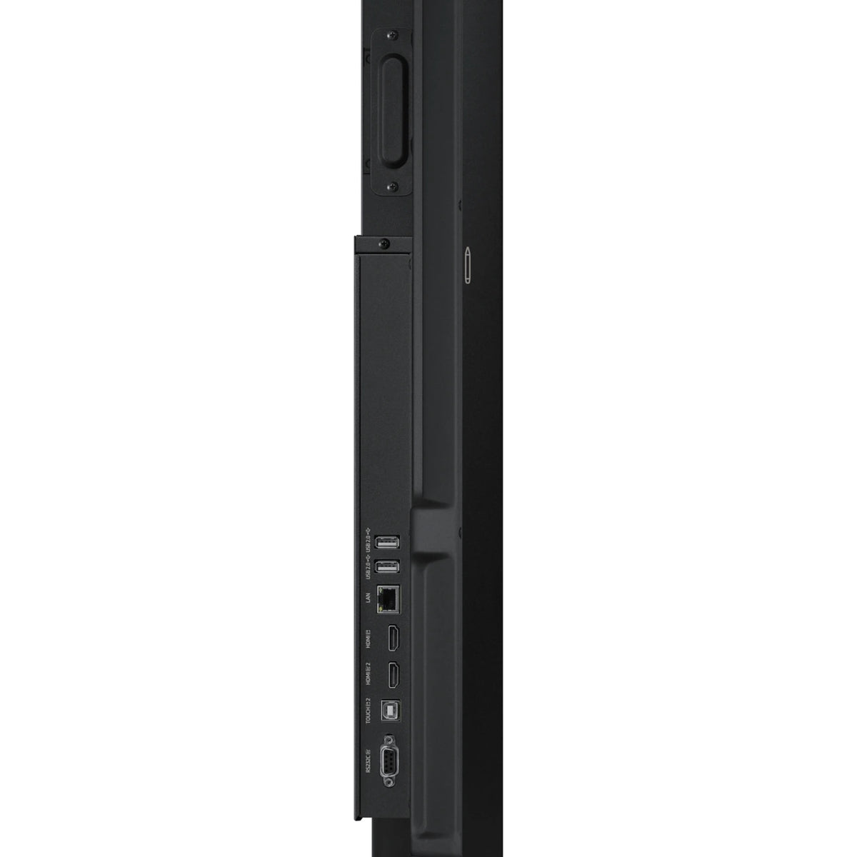 WA75F 75" interactive display side connector panel close-up with USB-A, LAN, HDMI, touch USB-B and RS-232C inputs, Samsung