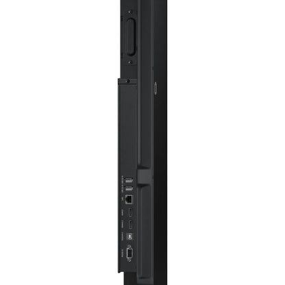 WA75F 75" interactive display side connector panel close-up with USB-A, LAN, HDMI, touch USB-B and RS-232C inputs, Samsung