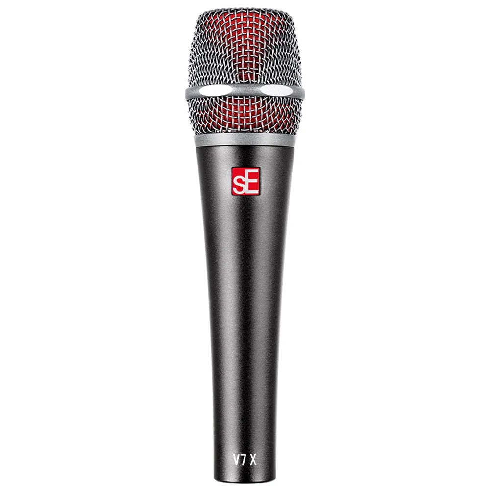 V7X supercardioid dynamic instrument microphone front view showing chrome mesh grille with red inner windscreen and red sE logo badge, sE Electronics
