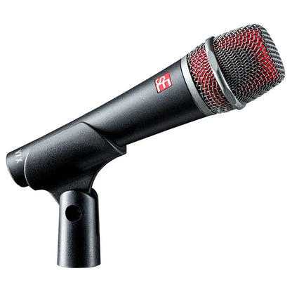 V7X dynamic instrument microphone angled view seated in its black swivel mic clip with V7 X body marking visible, sE Electronics