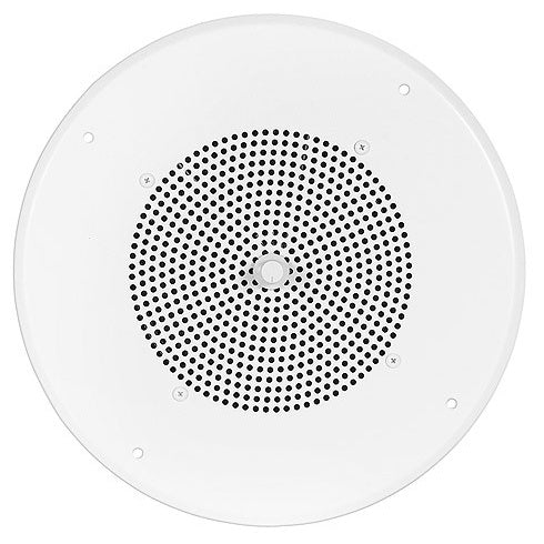 S86T725PG8WVK 8-inch ceiling speaker front view with round white perforated grille and center volume screw, Bogen
