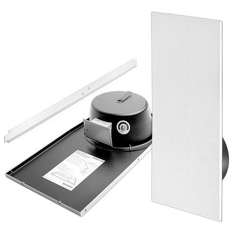 CSD1X2VR drop-in ceiling speaker assembly shown with grille, tile backpan with black enclosure and transformer tap selector, and mounting rail, Bogen