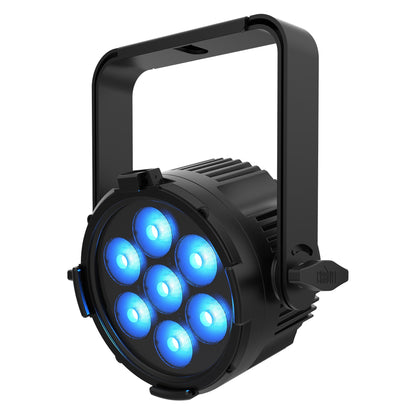 COLORdash Par-H7X LED par wash left three-quarter view with seven RGBWA+UV lenses lit blue and dual yoke knob, Chauvet Pro