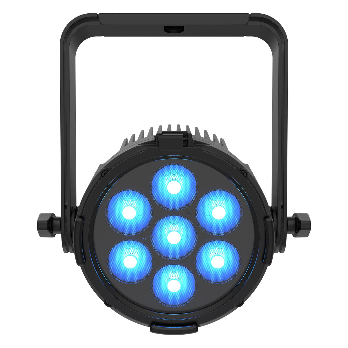 COLORdash Par-H7X front view showing seven-LED array in blue behind finned housing and double-bracket yoke, Chauvet Pro