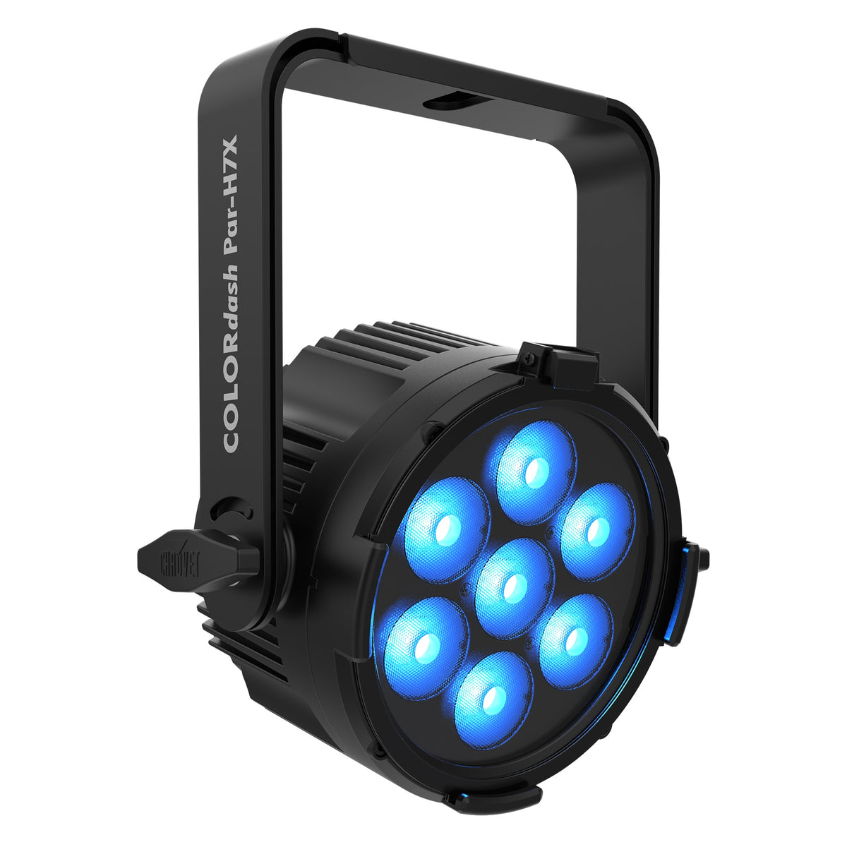 COLORdash Par-H7X right three-quarter view with model name printed on yoke arm and blue-lit lens array, Chauvet Pro