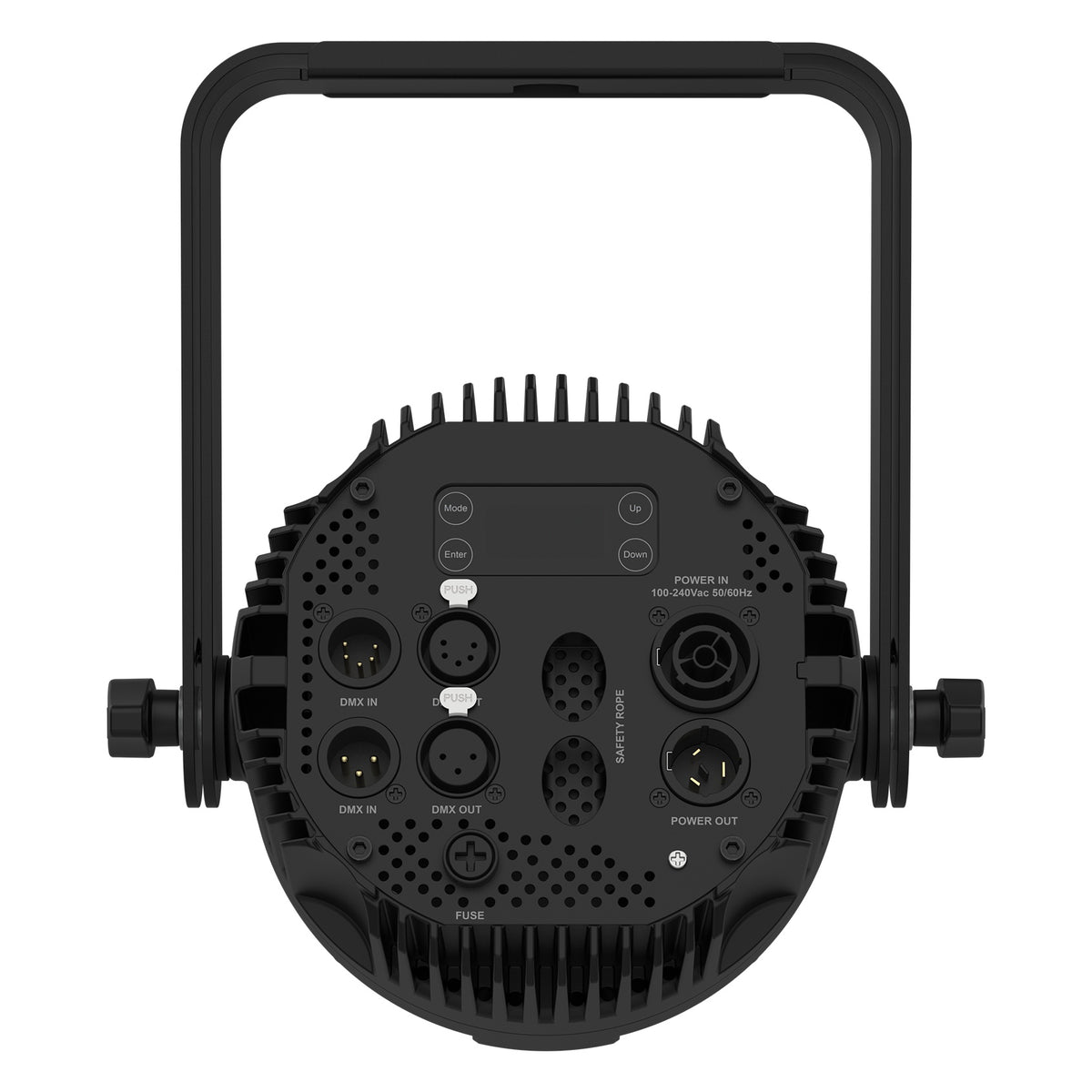 COLORdash Par-H7X rear panel with 3- and 5-pin DMX in/out, powerCON in/out, fuse and Mode/Enter/Up/Down menu buttons, Chauvet Pro