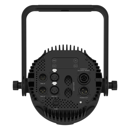 COLORdash Par-H7X rear panel with 3- and 5-pin DMX in/out, powerCON in/out, fuse and Mode/Enter/Up/Down menu buttons, Chauvet Pro