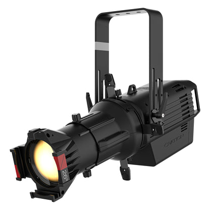 Ovation Rêve E2 RGBCAM LED ellipsoidal left three-quarter view with 26-degree lens tube, shutter blades and yoke, Chauvet Pro