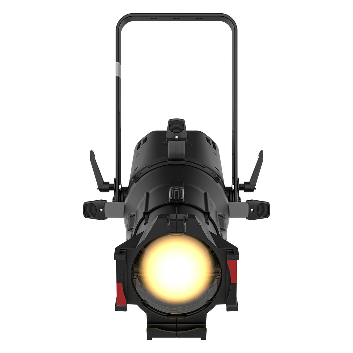 Ovation Rêve E2 LED ellipsoidal front view showing illuminated warm-white output through the lens and gel frame slot, Chauvet Pro