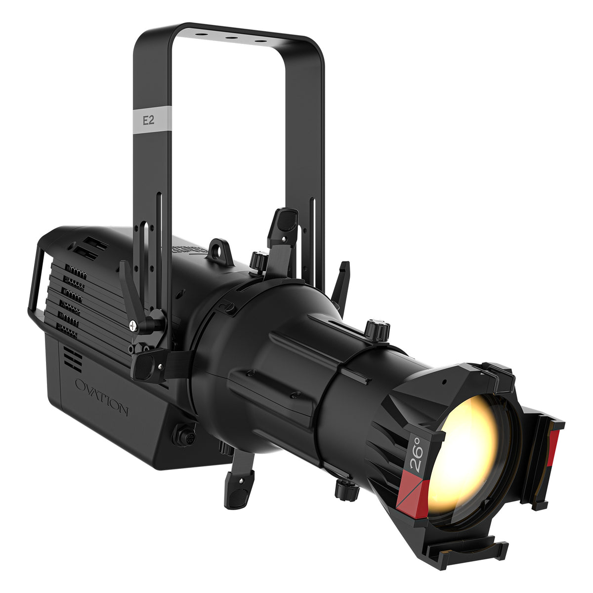 Ovation Rêve E2 LED ellipsoidal right three-quarter view with E2 yoke label and finned rear heat sink, Chauvet Pro