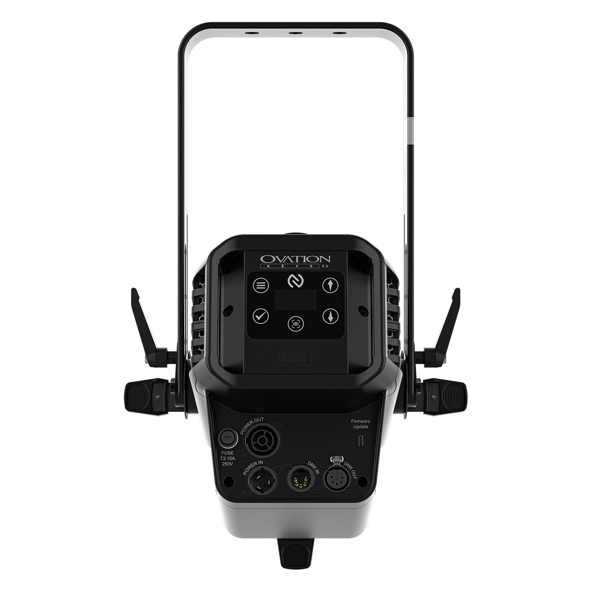 Ovation Rêve E2 rear panel detail with menu display, powerCON TRUE1 in/out, 5-pin DMX in/out and USB firmware port, Chauvet Pro