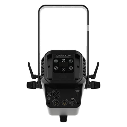 Ovation Rêve E2 rear panel detail with menu display, powerCON TRUE1 in/out, 5-pin DMX in/out and USB firmware port, Chauvet Pro