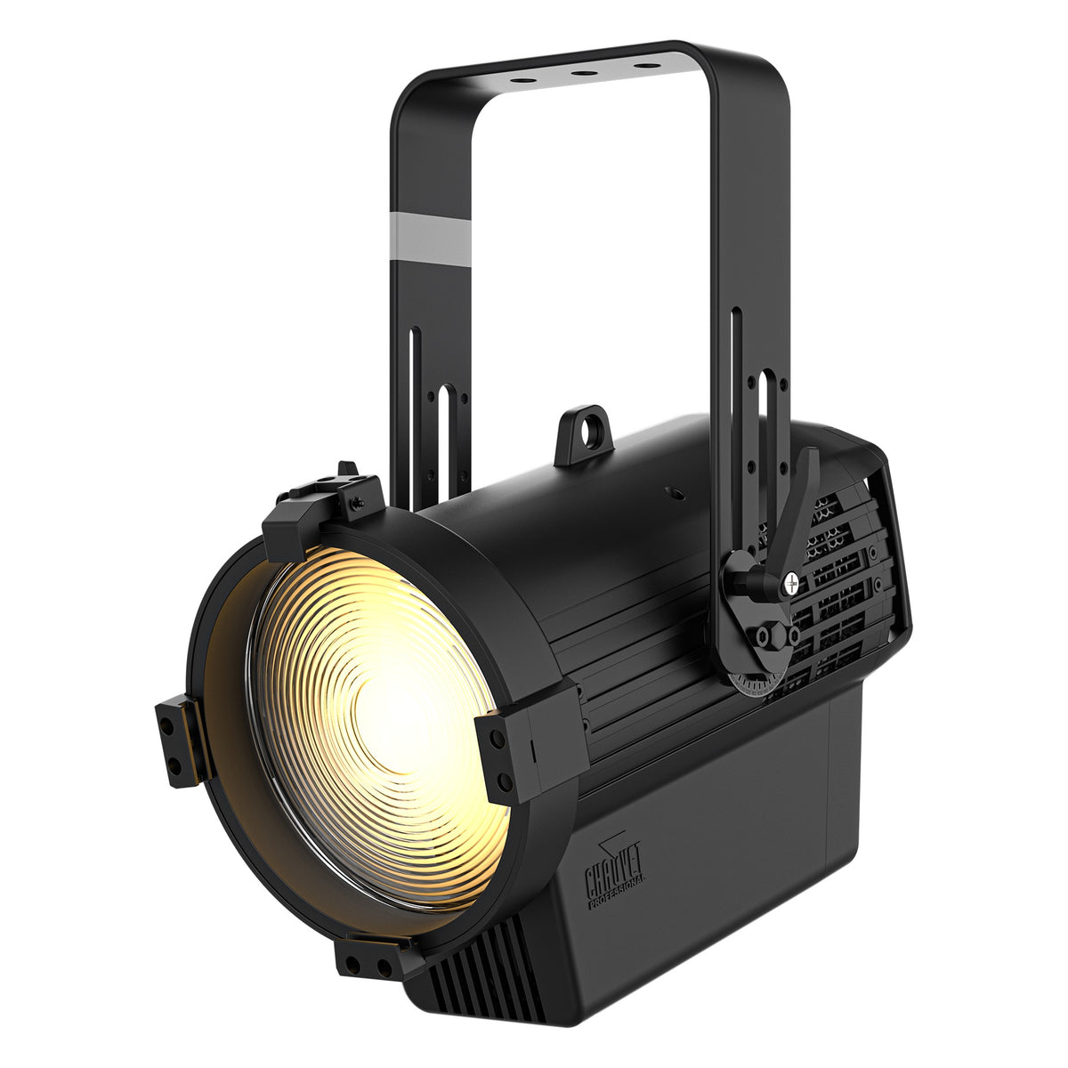 Ovation Reve F2 RGBCAM LED Fresnel left three-quarter view showing yoke, tilt lock and illuminated Fresnel lens, Chauvet Pro