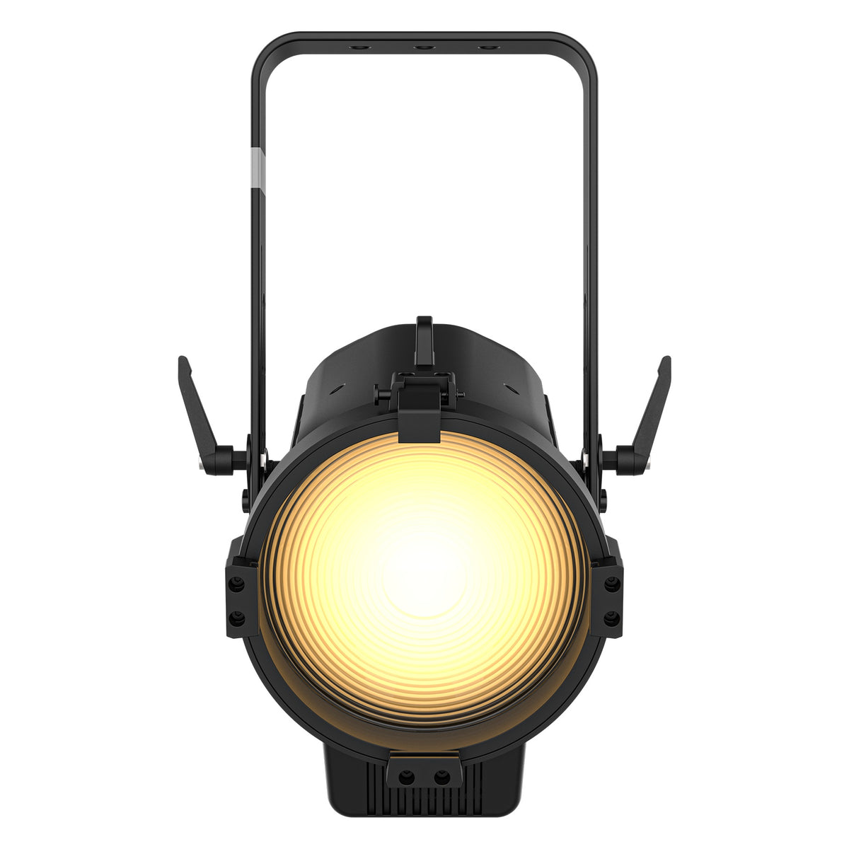 Ovation Reve F2 RGBCAM LED Fresnel front view with warm white lens output and barndoor mounting brackets, Chauvet Pro