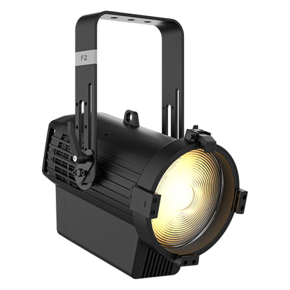Ovation Reve F2 RGBCAM LED Fresnel right side view showing F2 yoke label and finned heat sink vents, Chauvet Pro