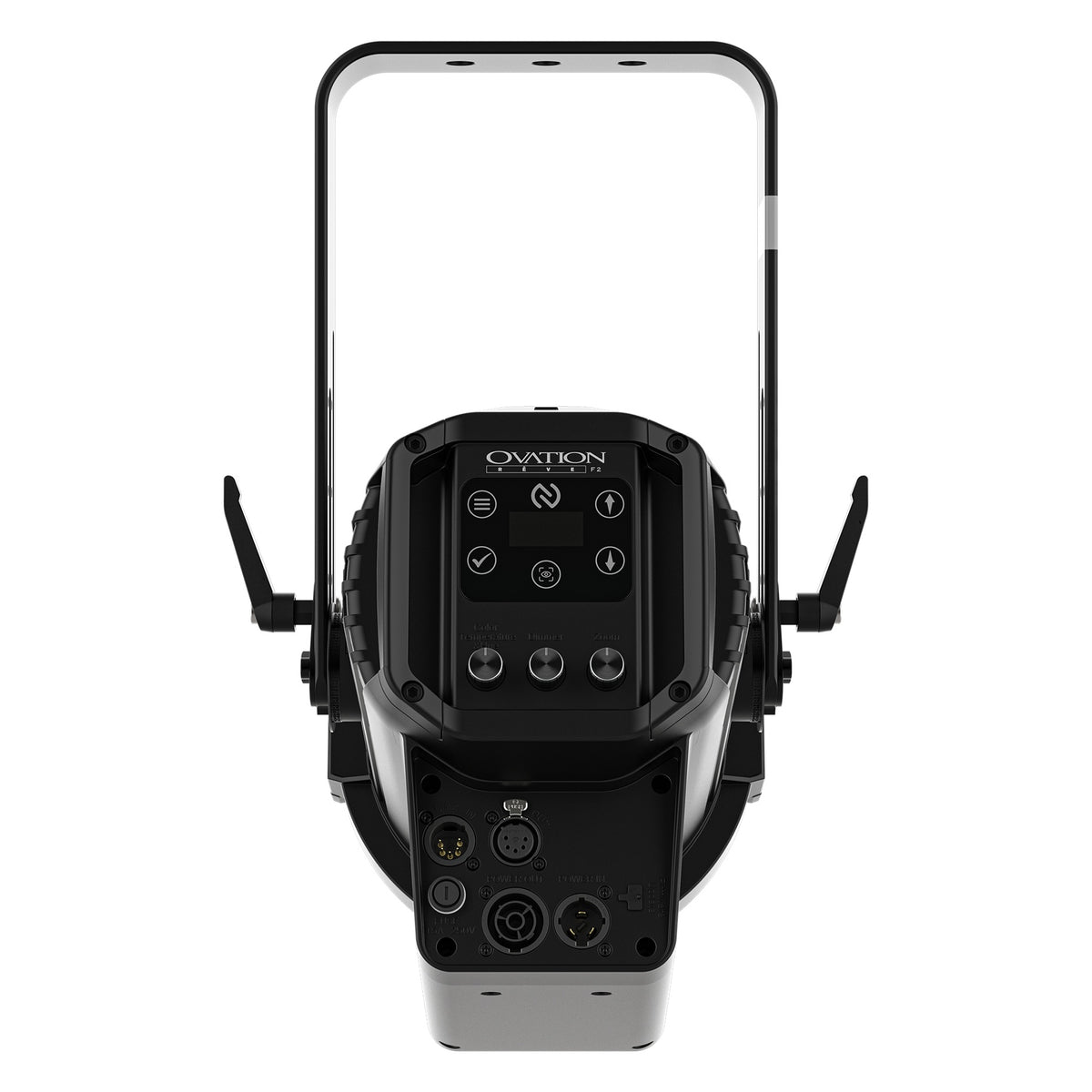 Ovation Reve F2 rear panel with OLED menu display, control knobs, 5-pin DMX in/out and powerCON TRUE1 connectors, Chauvet Pro
