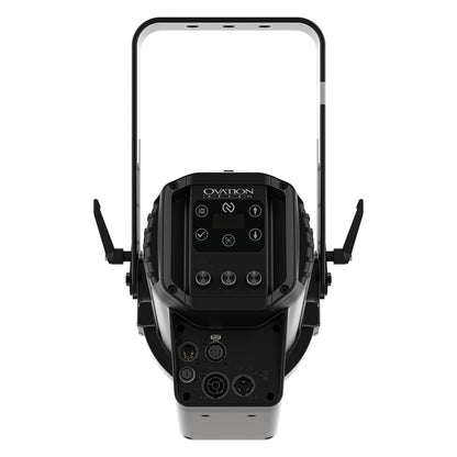 Ovation Reve F2 rear panel with OLED menu display, control knobs, 5-pin DMX in/out and powerCON TRUE1 connectors, Chauvet Pro