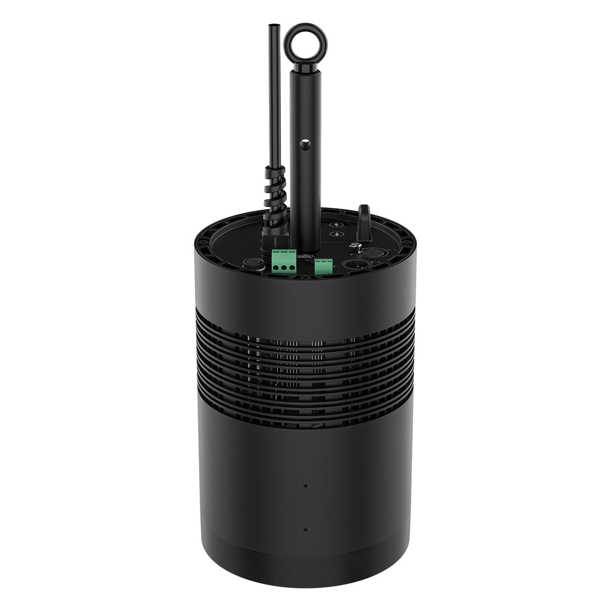 Ovation Rêve H1 RGBCAM houselight front view with cylindrical black body, vented midsection and top-mounted eyebolt, Chauvet Pro