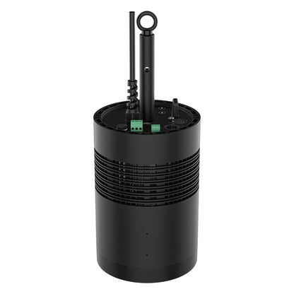 Ovation Rêve H1 RGBCAM houselight front view with cylindrical black body, vented midsection and top-mounted eyebolt, Chauvet Pro