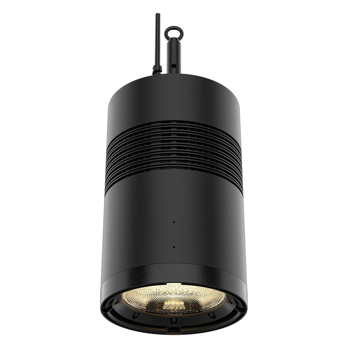 Ovation Rêve H2 RGBCAM LED houselight lens-end view showing textured frosted optic and finned heat-sink ring, Chauvet Pro