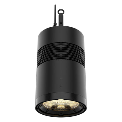 Ovation Rêve H2 RGBCAM LED houselight lens-end view showing textured frosted optic and finned heat-sink ring, Chauvet Pro