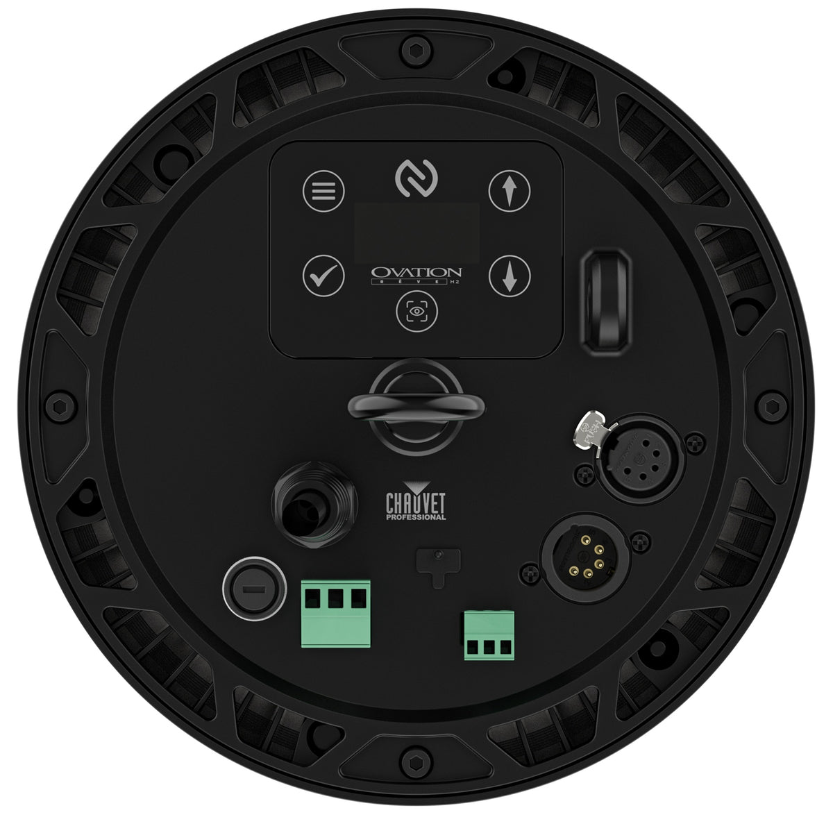 Ovation Rêve H2 RGBCAM LED houselight top panel detail with OLED menu display, NFC icon, 5-pin DMX in/out and green terminal blocks, Chauvet Pro