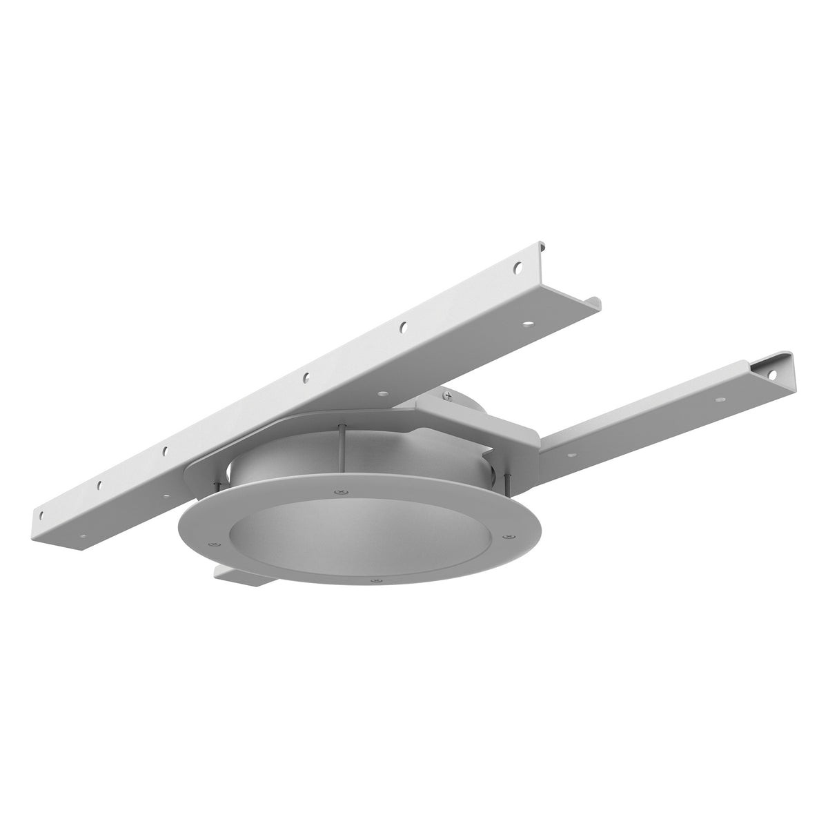 Ovation Rêve H1 Recess Kit for houselights angled view showing white round housing with adjustable mounting bars and trim ring, Chauvet Pro
