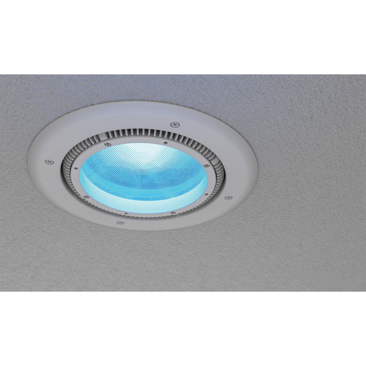 Ovation Rêve H2 Recess Kit installed in ceiling with trim ring and fixture lit in cyan, Chauvet Pro