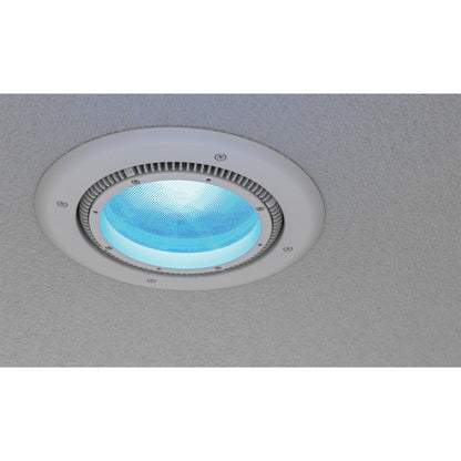 Ovation Rêve H2 Recess Kit installed in ceiling with trim ring and fixture lit in cyan, Chauvet Pro