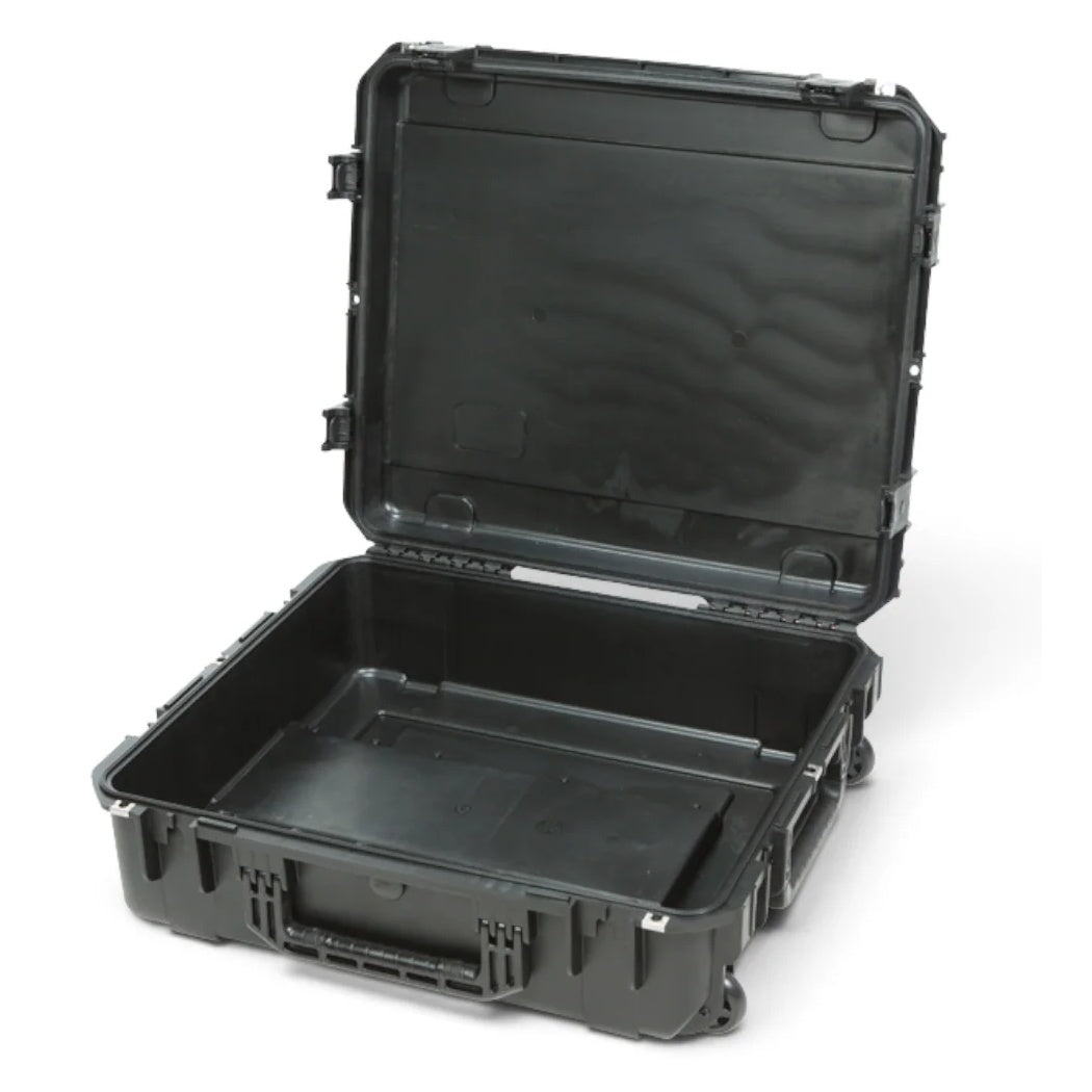 3I-2421-7BE iSeries case open rear three-quarter view showing hinge side and side-mount wheels, SKB