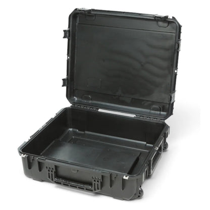 3I-2421-7BE iSeries case open rear three-quarter view showing hinge side and side-mount wheels, SKB