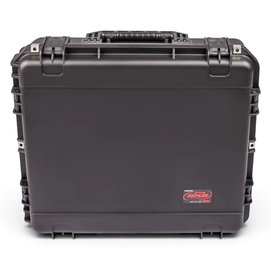 3I-2421-7BE iSeries case upright rear view with stainless latch hardware and red iSeries badge, SKB