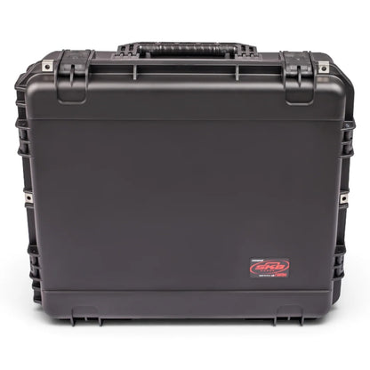 3I-2421-7BE iSeries case upright rear view with stainless latch hardware and red iSeries badge, SKB