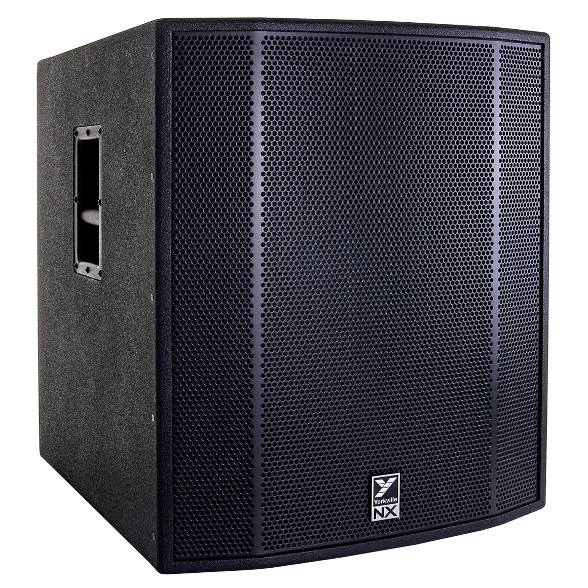NX18SP powered subwoofer front-left angle showing textured cabinet finish and recessed side handle, Yorkville