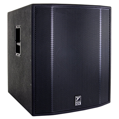 NX18SP powered subwoofer front-left angle showing textured cabinet finish and recessed side handle, Yorkville