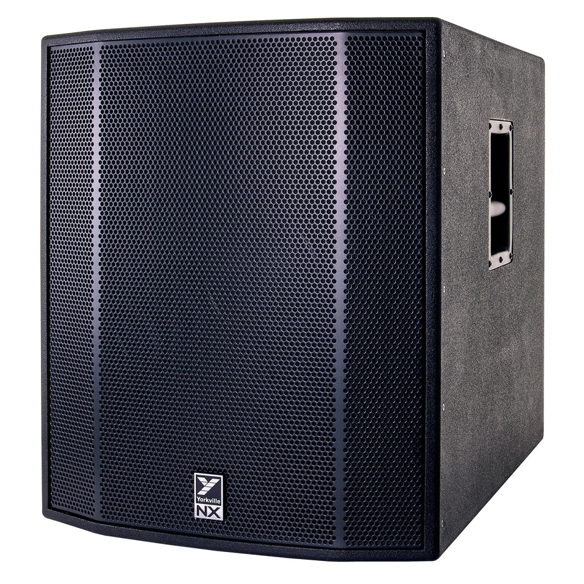 NX18SP powered subwoofer front-right angle view with side carry handle and curved baffle grille, Yorkville