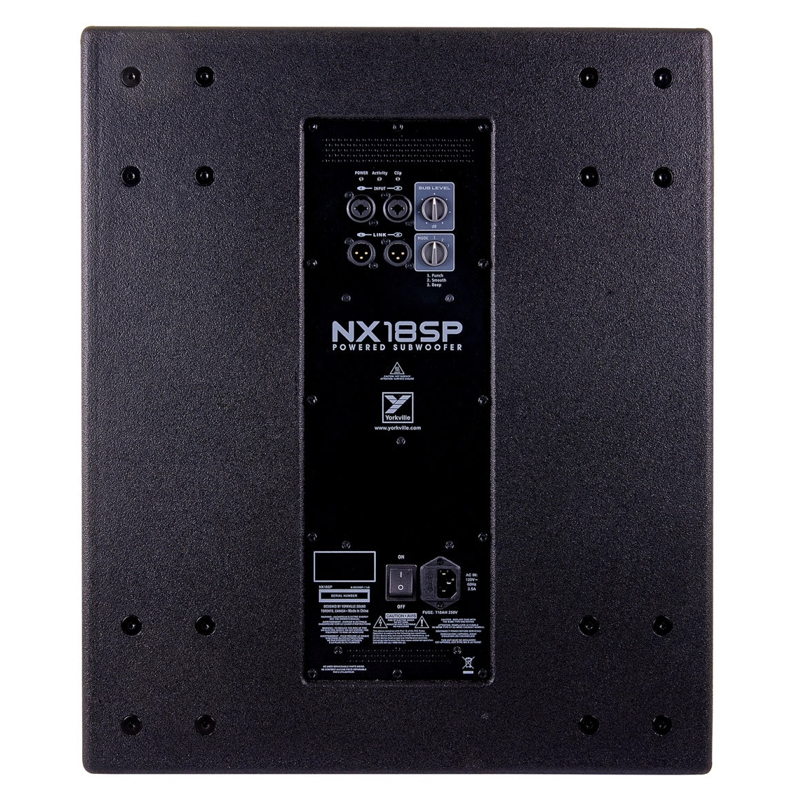 NX18SP rear view showing recessed amplifier plate, IEC power inlet and power switch, Yorkville