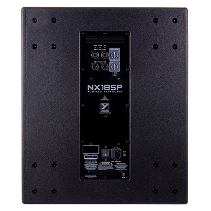 NX18SP rear view showing recessed amplifier plate, IEC power inlet and power switch, Yorkville